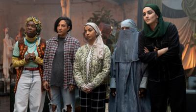 Faith Omole as Bisma, Sarah Kameela Impey as Saira, Lucie Shorthouse as Momtaz, and Juliette Motamed as Ayesha are not impressed in 'We Are Lady Parts' Season 2